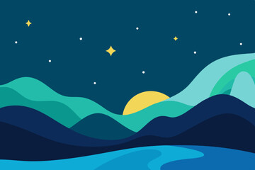 Snowy winter landscape with a moonlit ocean, blue sky, and icy mountains