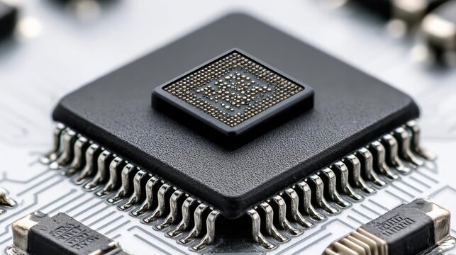 Programmable chip for atomic and compact logic concept. Close-up of a black microchip on a circuit board.