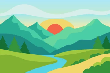 Fotobehang Vector summer mountain landscape with green hills, blue sky, and white clouds © Prodip