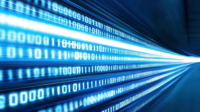 Abstract Digital Background Featuring Binary Code, Light Streaks, Speed, and Technology Integration