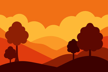 Naklejka premium Desert landscape vector illustration with sun and mountains at sunset