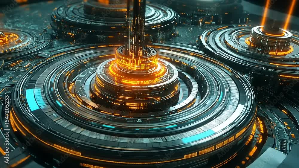 Aufkleber futuristic cityscape with glowing circular structures and intricate technology elements in a digital