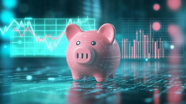 Piggy Bank and financial charts on a digital background illustrating savings and investment