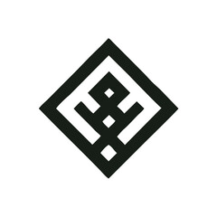 Abstract Geometric Maze Diamond Logo — Bold Black Vector Emblem, A sharp black vector logo featuring a symmetrical diamond shape filled with interconnected straight-line paths, forming a labyrinthine 