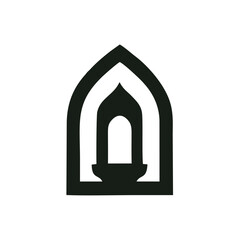 Minimalist Lantern Inside Arch Logo — Black and White Islamic-Inspired Vector, A clean vector logo featuring a traditional lantern silhouette enclosed within a pointed arch frame, all rendered in blac
