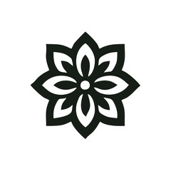 Geometric Eight-Petal Flower Logo — Minimal Black and White Mandala Emblem,A refined vector logo featuring a black symmetrical flower composed of eight pointed petals with hollow centers, radiating ar