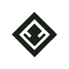 Abstract “E” Logo Inside Diamond Frame — Minimalist Black Vector Emblem, A modern black vector logo featuring a stylized “E” monogram composed of horizontal lines inside a diamond-shaped border. The d