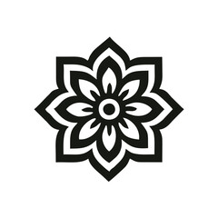 Geometric Mandala Flower Logo — Symmetrical Black and White Vector Emblem,A striking black and white vector logo featuring a symmetrical mandala-style floral pattern. The design radiates from a centra