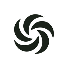 Abstract Pinwheel Vortex Logo — Symmetrical Black Circular Design on White, A bold black vector logo featuring six curved, blade-like shapes arranged symmetrically in a circular formation. The dynamic