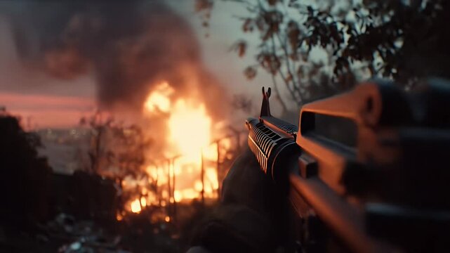 Point Of View of Weapon Aimed At A Blazing Fire with Smoke at Sunset and Trees Surrounding Intense Military Conflict