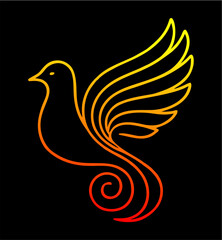 Obraz premium Elegant Minimalist Dove Logo — Gradient Line Art on Black Background,A modern, stylized vector logo featuring a dove with outstretched wings, composed of a single continuous curved line. The artwork f
