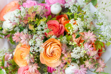 Spring mixed ranunculus bouquet. Beautiful pastel colored fresh flowers arrangement. Birthday...