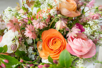 Spring mixed ranunculus bouquet. Beautiful pastel colored fresh flowers arrangement. Birthday...