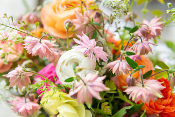 Spring mixed ranunculus bouquet. Beautiful pastel colored fresh flowers arrangement. Birthday...
