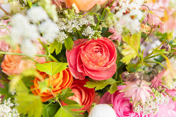 Spring mixed ranunculus bouquet. Beautiful pastel colored fresh flowers arrangement. Birthday...