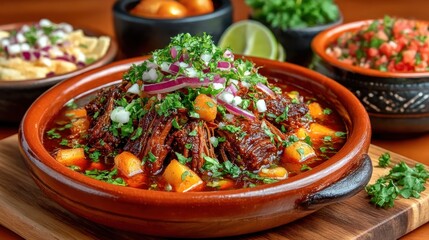Hearty stew in a terracotta bowl