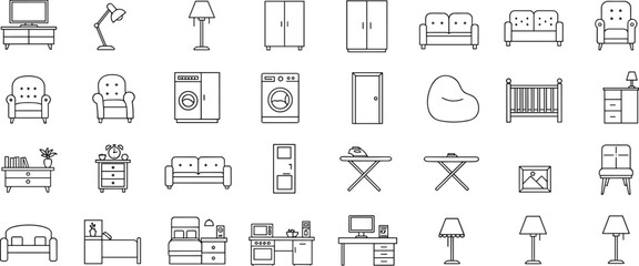 Furniture icon set, household interior symbols, bedroom, living room, kitchen essentials, line drawing, modern furniture design, home appliance outline, minimalist home decor vector