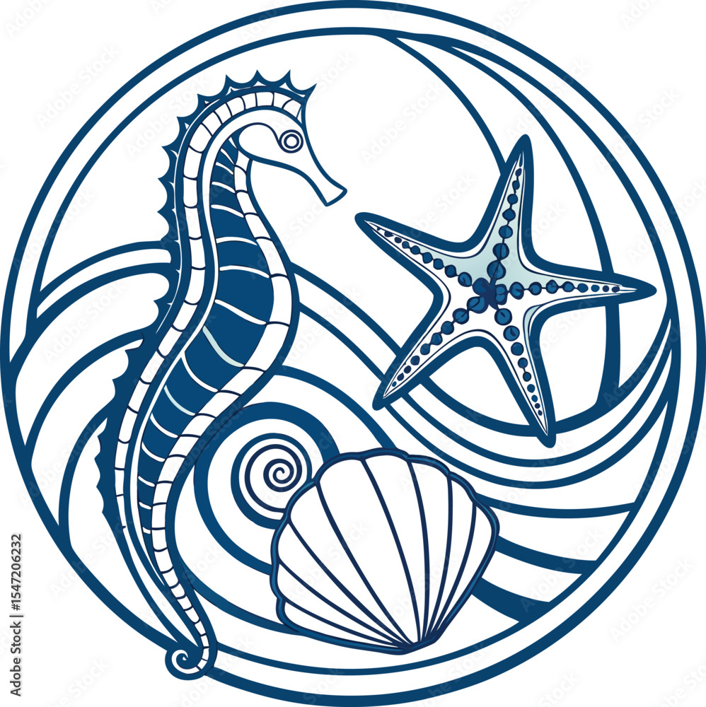 Poster here's a single sentence for naming an image depicting a sea star and shells: vector illustration of