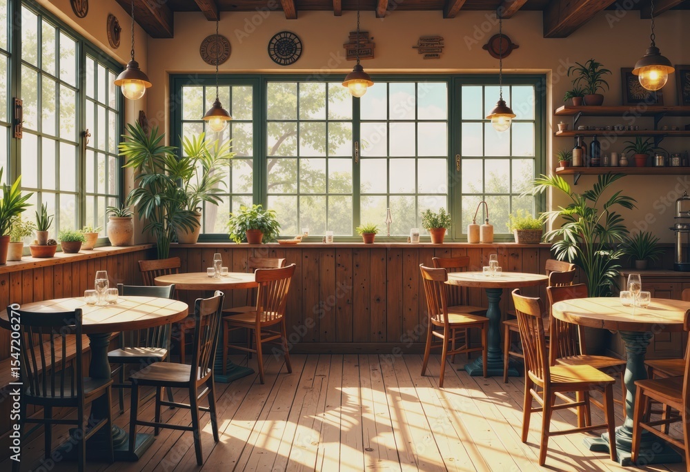 Poster bright cafeteria with empty tables and large windows, inviting atmosphere