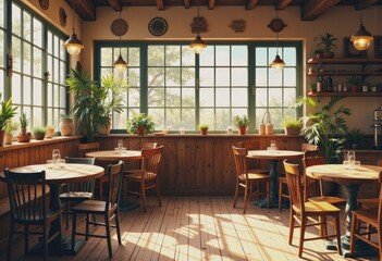 Bright cafeteria with empty tables and large windows, inviting atmosphere