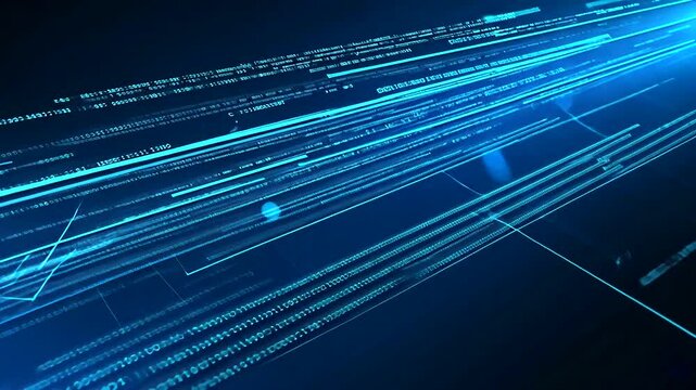 Abstract digital background featuring blue light streaks and binary code, symbolizing technology