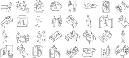 Isometric line drawing of people in daily activities, indoor lifestyle vector illustration, modern minimal furniture interaction concept, healthcare, business, rest, and communication scenes