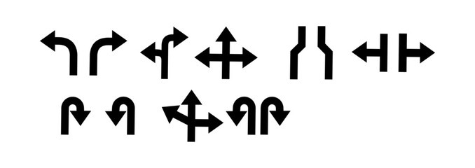 flat style arrow collection in various directions. Arrows that are bent, turn, zig zag, crossroads