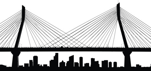Modern cable-stayed bridge silhouette, urban skyline background, black white illustration, suspension engineering design, cityscape structure, minimalist vector, transportation art print