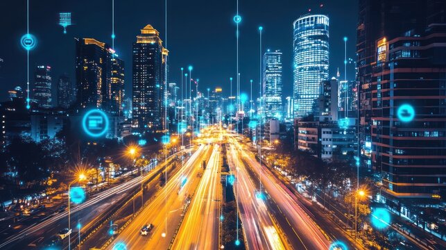 Connected cityscape showcasing digital network overlaying urban infrastructure