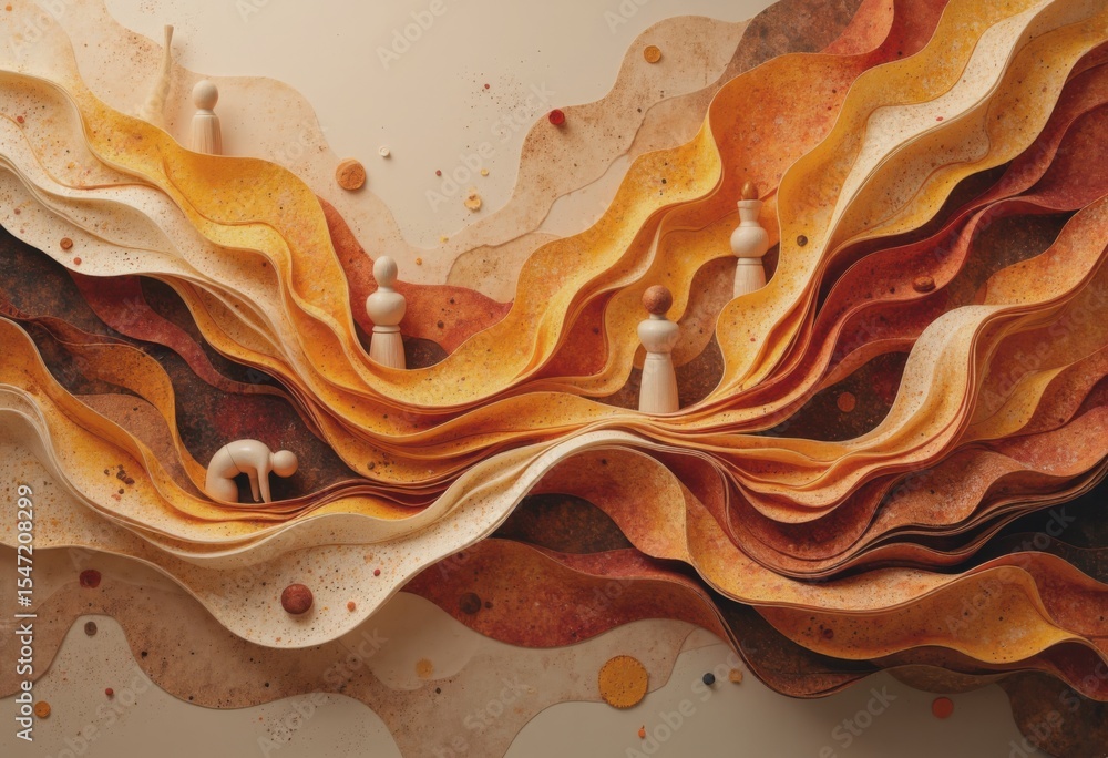 Poster abstract grain patterns with wooden figures creating a dynamic visual experience