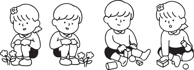 Cute Kids Playing Doodle Vector, Hand Drawn Boys with Toys, Black and White Cartoon Sketch Style, Transparent Background