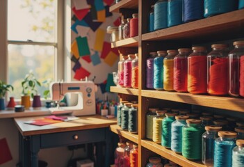 Obraz premium Colorful textile threads neatly arranged on a high shelf in a sewing studio