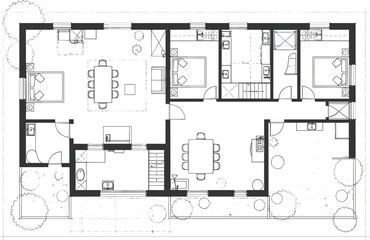 Modern residential house floor plan with detailed interior layout, top view architectural drawing, living space blueprint, black and white furniture layout illustration
