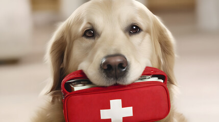 A golden retriever dog holding an emergency first aid kit in its mouth, standing alert and ready to help, symbolizing loyalty, rescue, and companionship in emergency situations.
