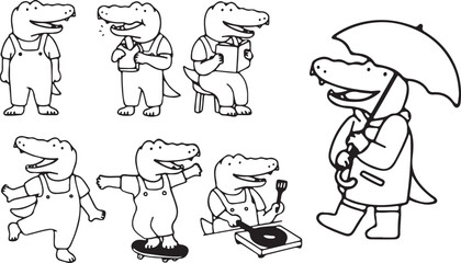 Cute Crocodile Cartoon Set, Doodle Style Reptile Vector Illustrations, Hand Drawn Black and White Animal Pack, Transparent Background