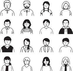 Office Avatar Doodle Set with Male and Female Characters, Hand Drawn Line Icons, Black and White Vector Style, Transparent Background