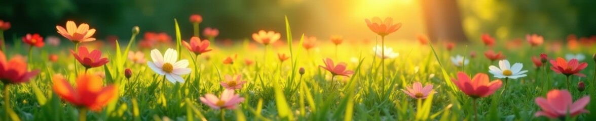 Late afternoon sun casts long shadows across vibrant paper flowers scattered on a lush meadow , paper flower, field, green