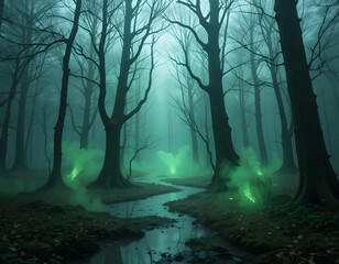 Mysterious forest scene with green glowing fog and serpentine stream amidst trees