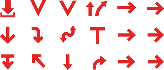 Red direction arrow icons, flat vector symbols, navigation signs set, UI interface arrows, graphic design elements, motion indicators, curved, straight, download, upload arrows