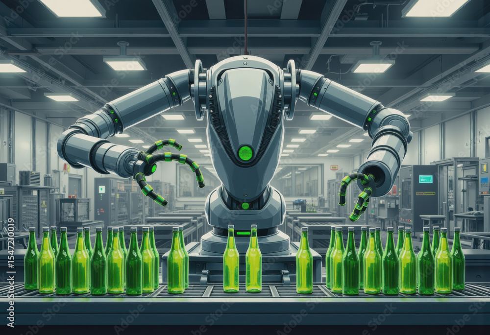 Poster robotic bottle arm efficiently handling green bottles on a production line