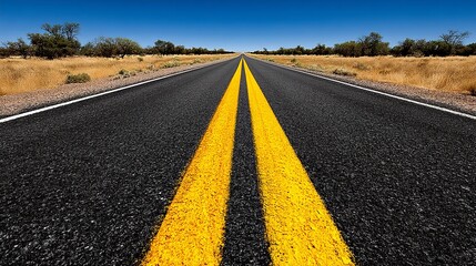 Naklejka premium Empty straight road with yellow lines stretching into the horizon under a clear blue sky