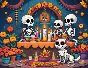 Day of the dead celebration with skeleton family candles and cat in festive scene