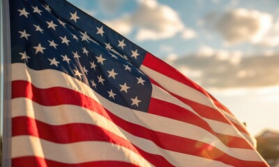 American flag waving outdoors under partly cloudy sky