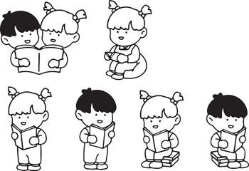  Kids Standing and Sitting – Girls and Boys, Posture, Group, Childhood, Outline, Expression