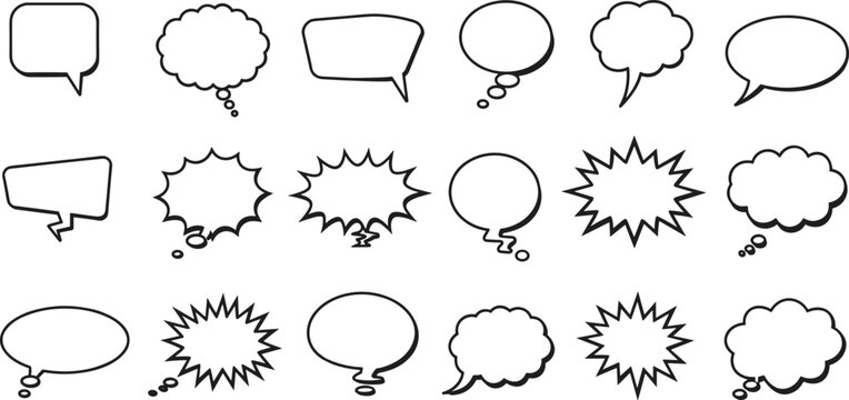 Speech bubble set, thought balloon collection, comic style outlines, cartoon text cloud, dialogue shapes, empty talk boxes, graphic vector symbols, communication doodle illustration