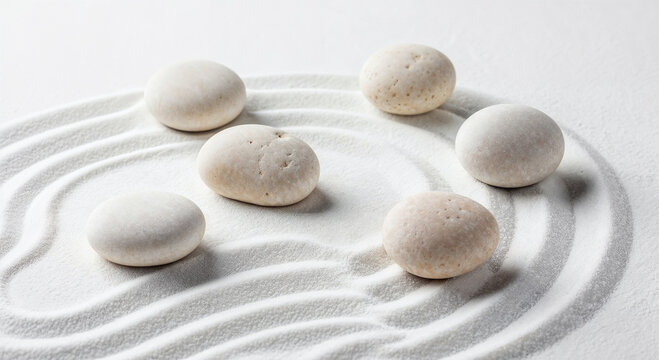 Five smooth white stones arranged in a circular pattern on white sand creating a zen garden