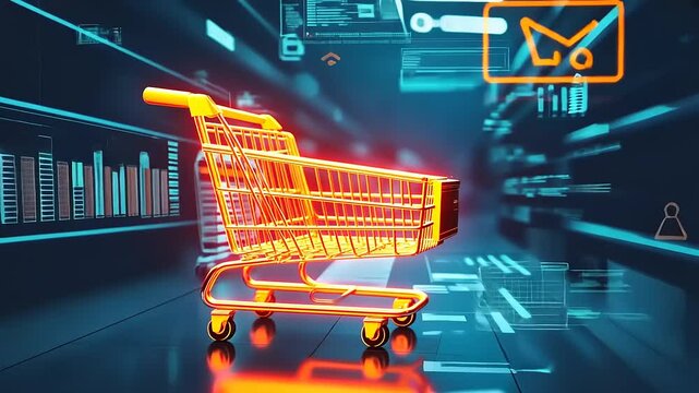 Futuristic shopping cart illuminated in neon, set against a digital backdrop of technology and data - Powered by Adobe