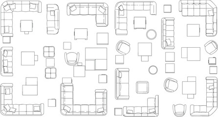 Top view furniture layout, modern living room set, sofa arrangement plan, interior design sketch, couch chair table vector, architectural seating layout blueprint