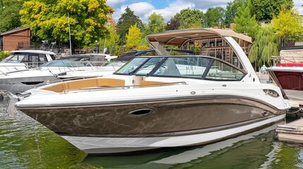 Luxury speedboat docked at a marina with lush green trees and other boats nearby