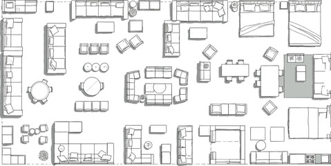 Top view furniture collection, modern interior layout elements, sofas, beds, tables, chairs, decor symbols for architecture floor plan, vector illustration design assets